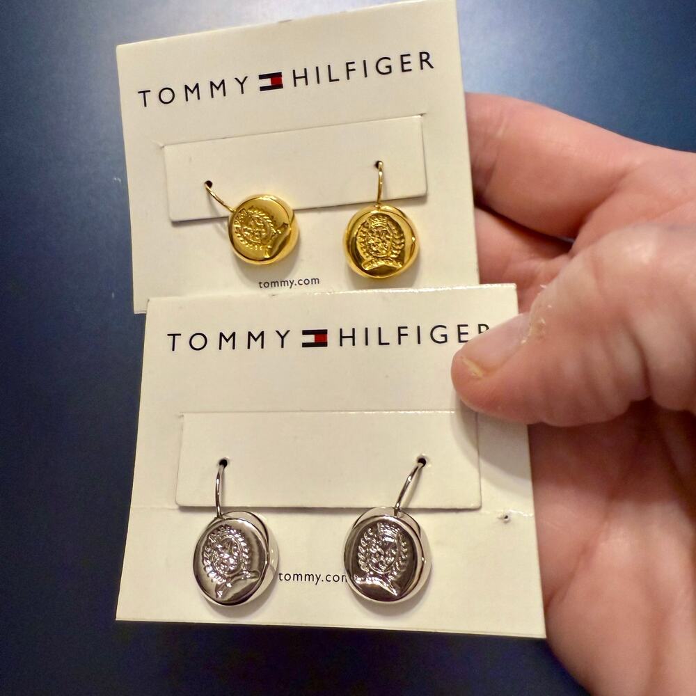NWT Tommy Hilfiger Gold and Silver Tone Logo Drop Earrings